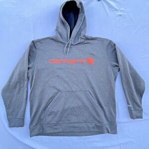 Carhartt Hoodie Gray Hooded Sweatshirt Mens Size 2XL Work Orange Outdoor Fishing